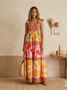 Farm Rio x Anthropologie Fruits Scarves Tiered Cotton Maxi Dress NWT Small